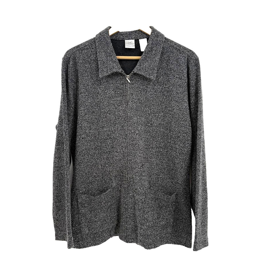 Emma James Womens L Black Gray Textured Knit Full Zip Jacket Fall
